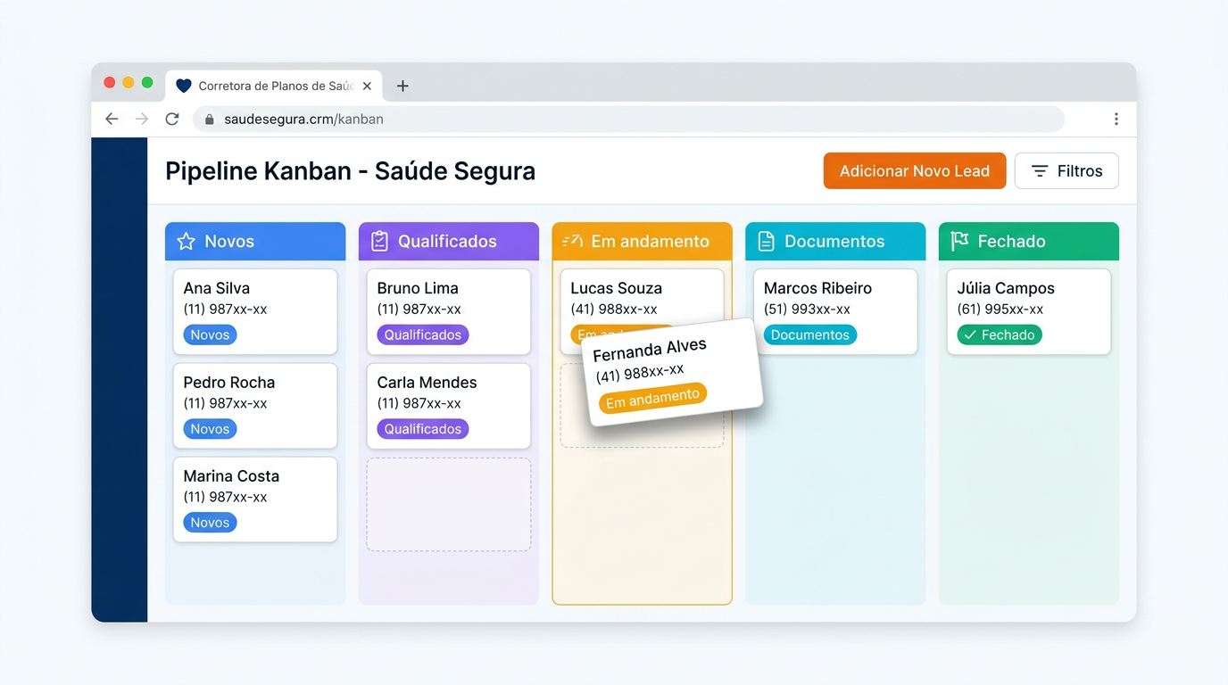 Pipeline Kanban do CRM Sa�de com leads de planos de sa�de organizados por etapa