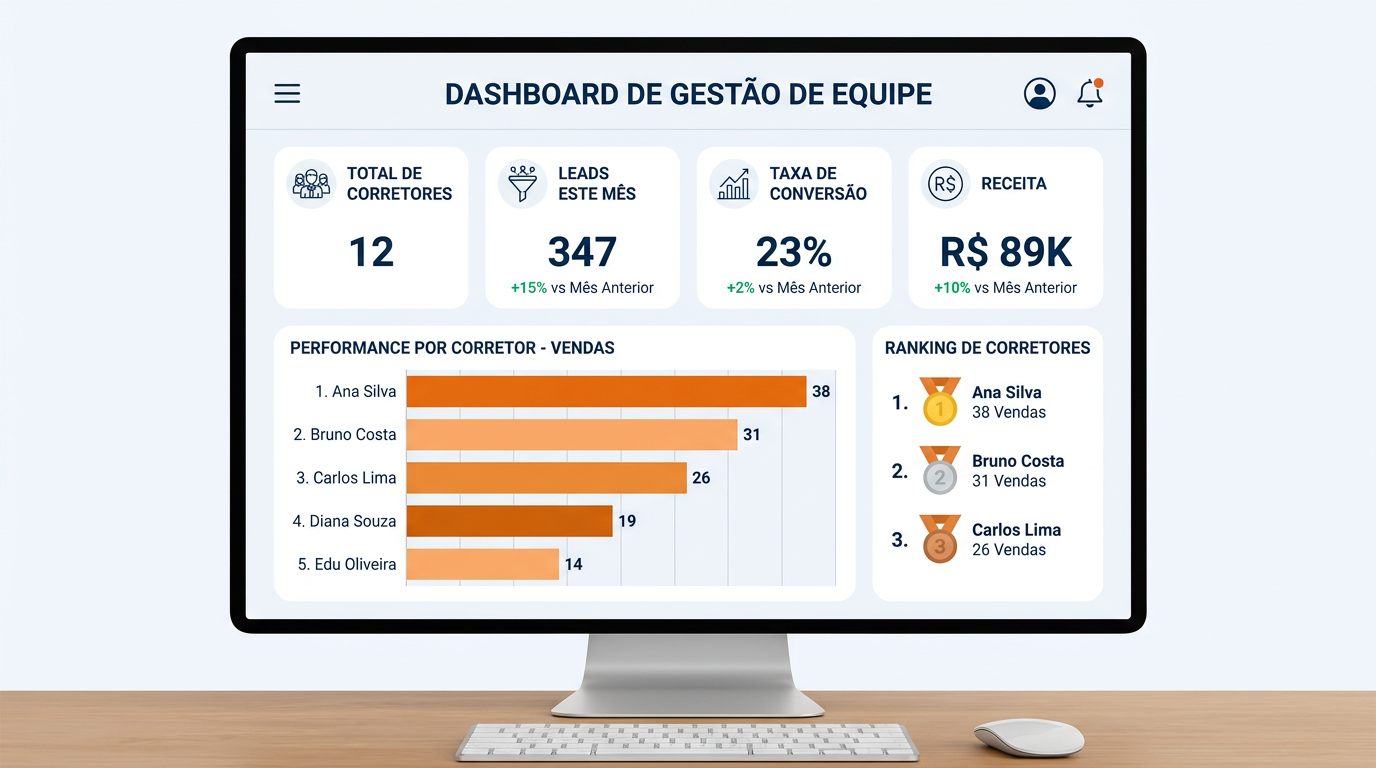Dashboard de gest�o de equipe de corretora com relat�rios de vendas e ranking de corretores