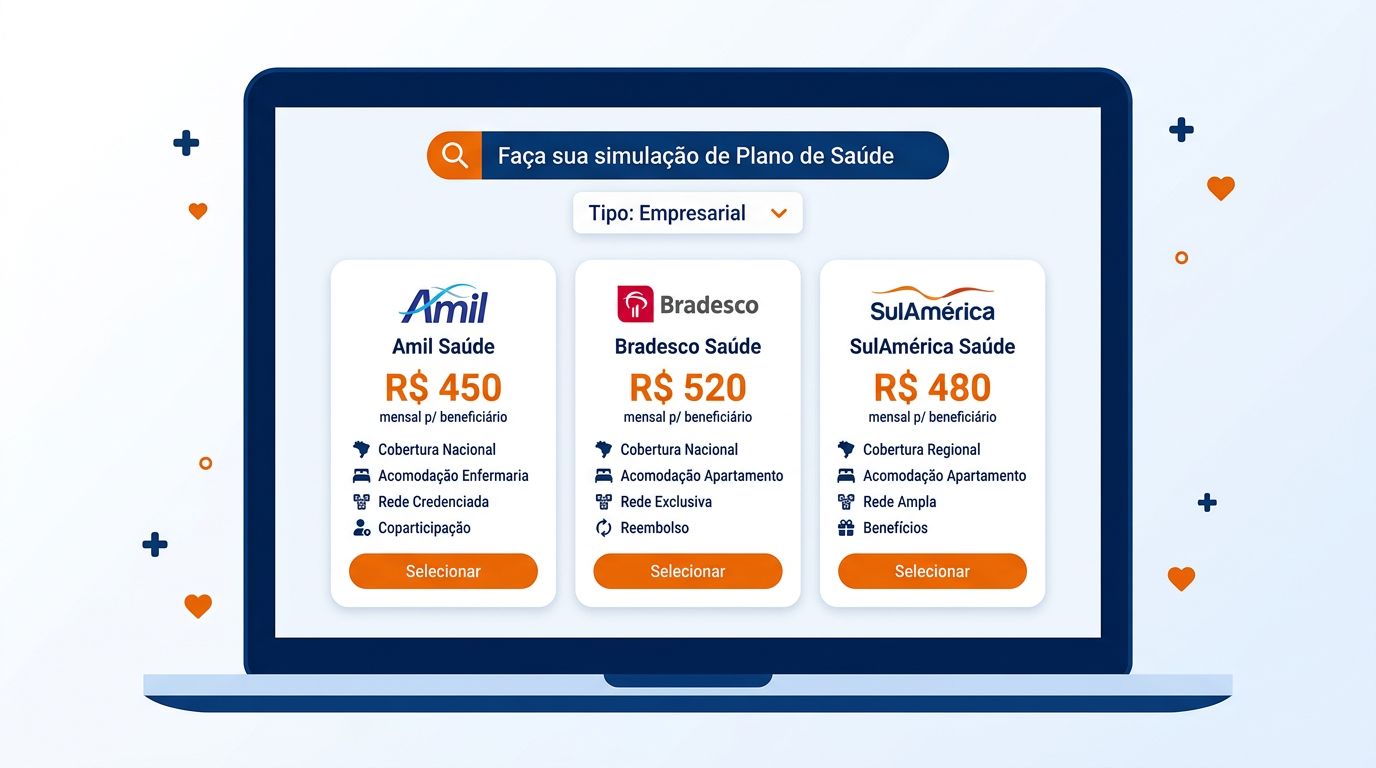 Interface do simulador de planos de sa�de mostrando cota��o empresarial com Amil, Bradesco e SulAm�rica