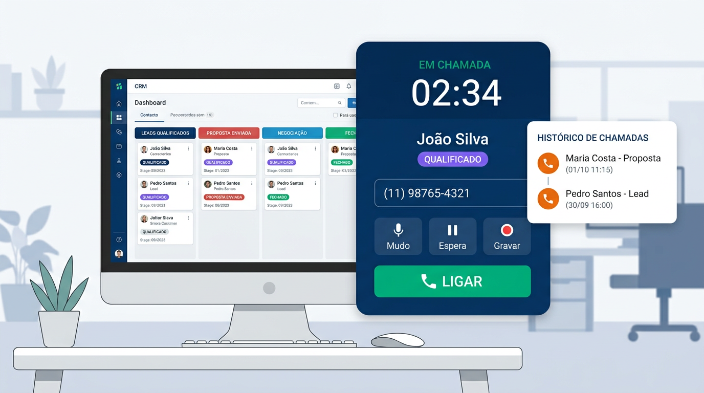 Softphone integrado ao CRM Sa�de mostrando liga��o em andamento com grava��o